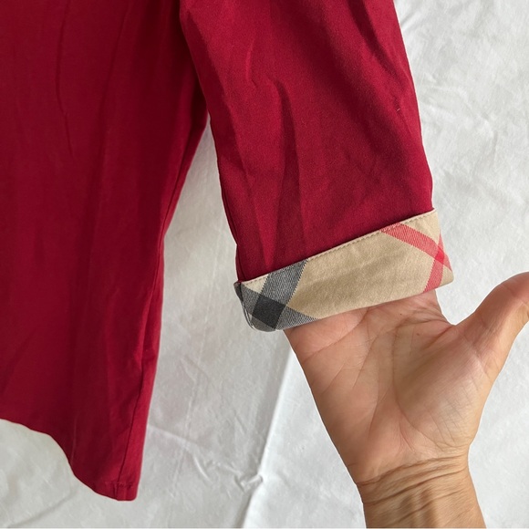 Burberry Brit scoop neck three-quarter sleeve plaid cuffs, red, size M - Picture 3 of 7